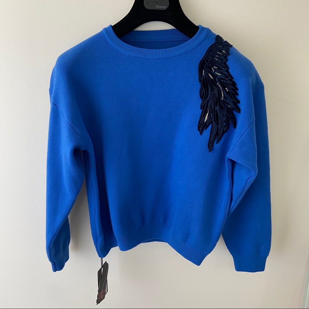 Woman’s blue crew neck dressy sweater